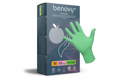 Перчатки нитриловые BENOVY, р-р М (7-8р), цв. Зеленый, текстурированные на пальцах, неопудренные, однократный хлор